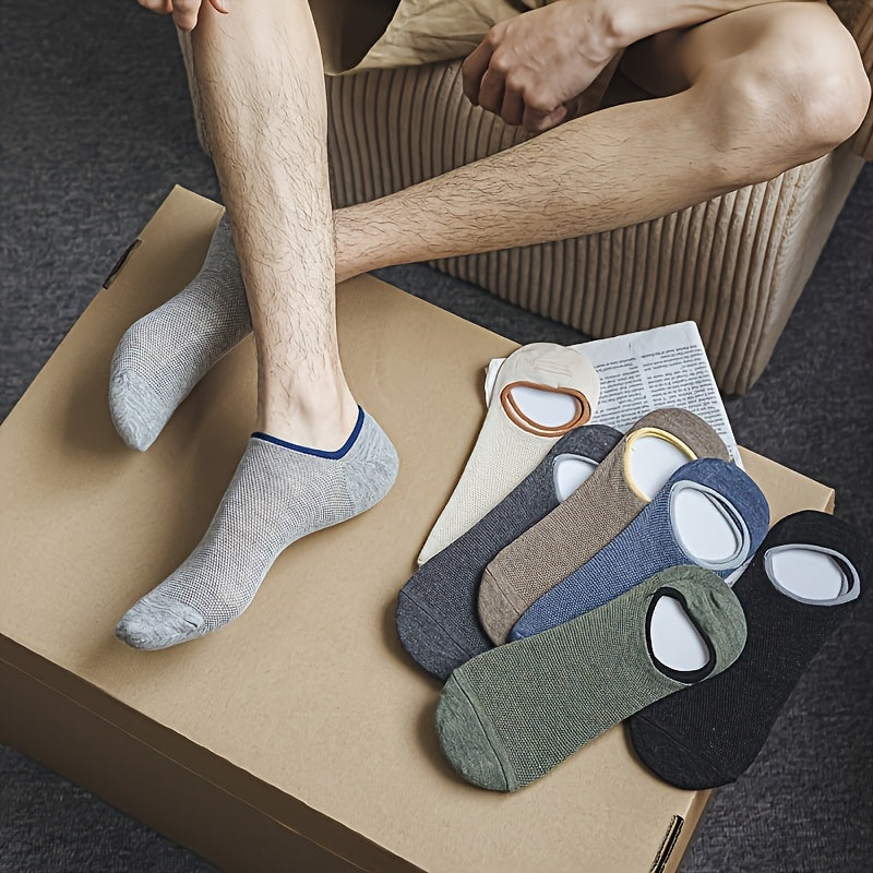 7 Pairs of Men's Thin Mesh Breathable Boat Socks - Sweat Absorbent, Non-Slip, Shallow Mouth Design for All-Day Comfort - Solid Color (Grey, Navy Blue, Beige, Black, Olive Green, Dark Brown)