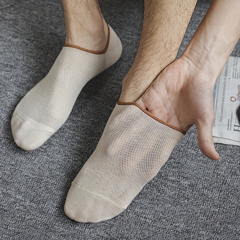 7 Pairs of Men's Thin Mesh Breathable Boat Socks - Sweat Absorbent, Non-Slip, Shallow Mouth Design for All-Day Comfort - Solid Color (Grey, Navy Blue, Beige, Black, Olive Green, Dark Brown)