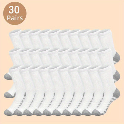 30-Pack Men's Long Socks, Autumn Sports Crew Socks, Knitted Polyester Fabric, Hand Wash or Dry Clean, Solid Color, Fashionable Men's Footwear Accessories