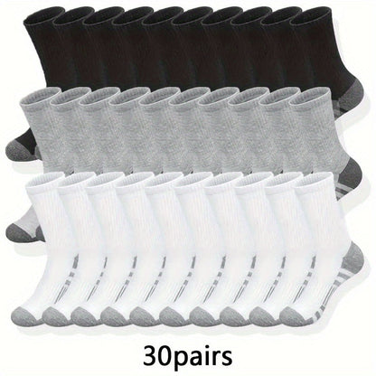 30-Pack Men's Long Socks, Autumn Sports Crew Socks, Knitted Polyester Fabric, Hand Wash or Dry Clean, Solid Color, Fashionable Men's Footwear Accessories