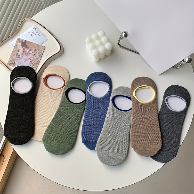 7 Pairs of Men's Thin Mesh Breathable Boat Socks - Sweat Absorbent, Non-Slip, Shallow Mouth Design for All-Day Comfort - Solid Color (Grey, Navy Blue, Beige, Black, Olive Green, Dark Brown)
