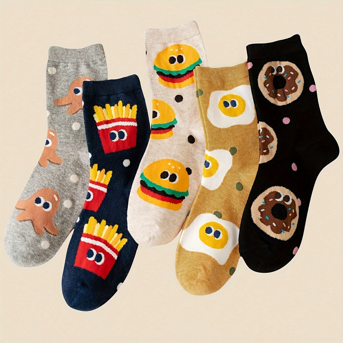 5-Pack Burger & Fries Cartoon Crew Socks - Playful Fast Food Print with Polka Dots & Green Dots - Unisex Comfort for Casual Attire, Travel, Sports - Fun College Style Essentials, Travel Accessories | Whimsical Sock Design, Funny Socks